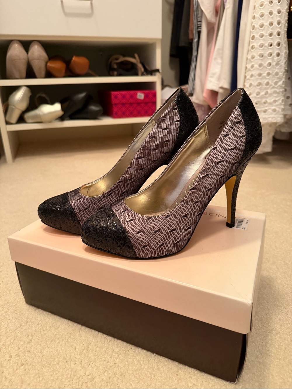 Elegant Black and Gray Lace Pointed-Toe High Heels